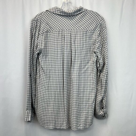 Angie Womens Button Up Shirt Gray Plaid Long Sleeve Cuff Collar Pocket Rayon M - Picture 8 of 11